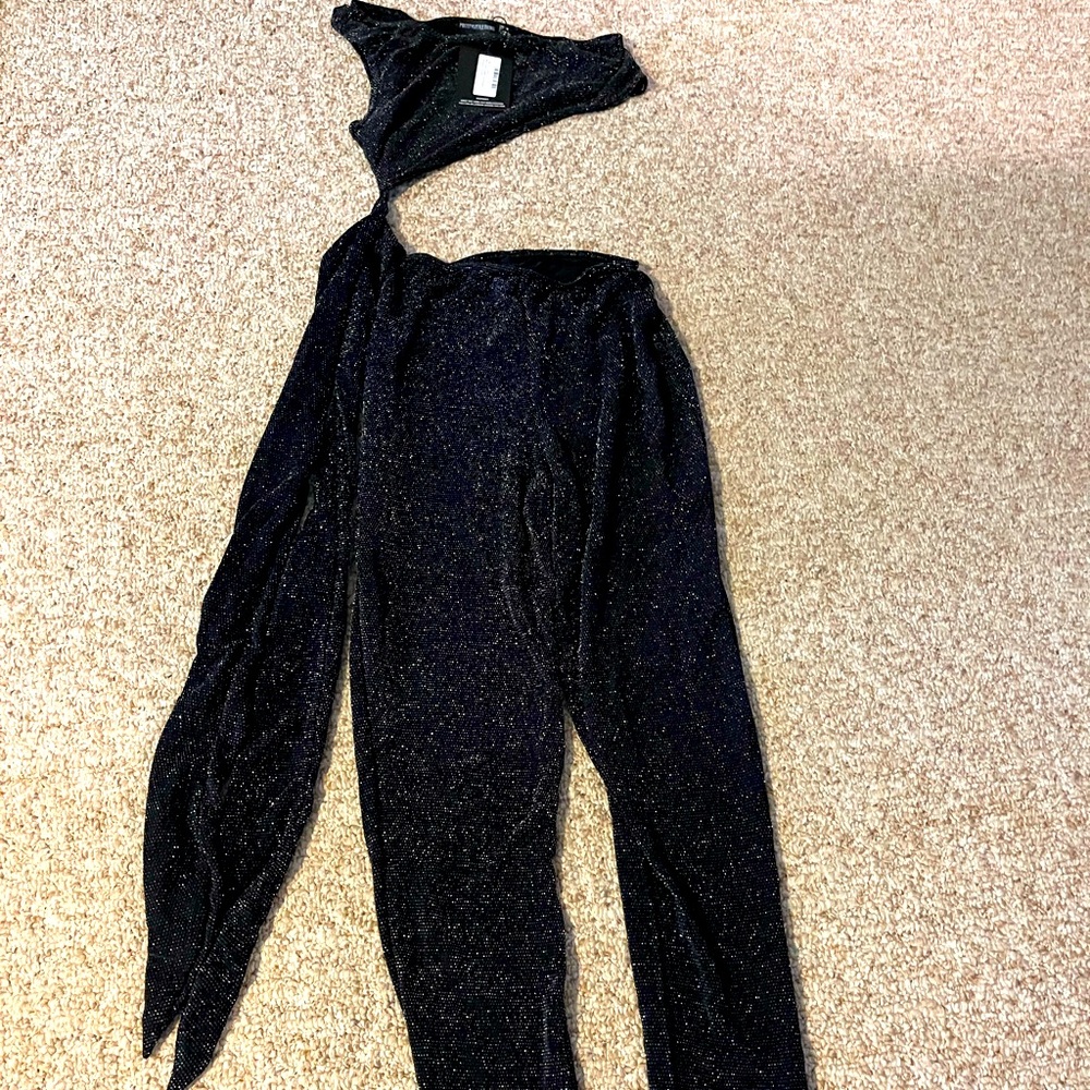 Black textured glitter one shoulder cut out jumpsuit